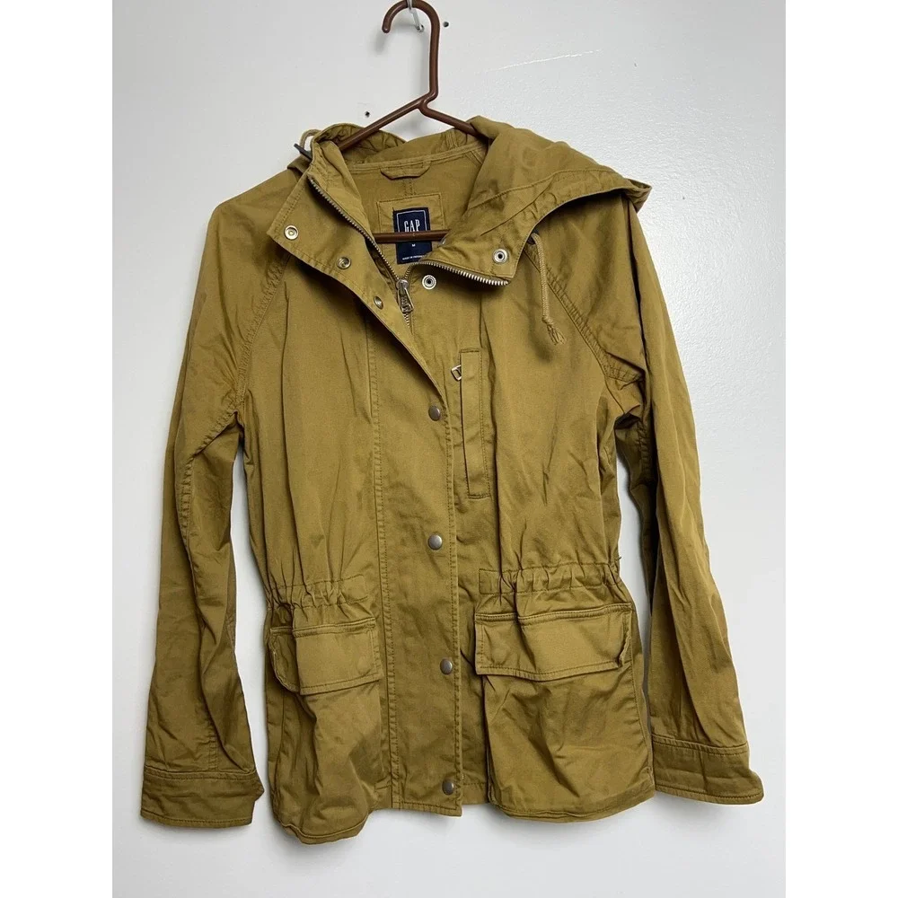 Gap Utility Jacket Women M Khaki Green Drawstring Hood Casual Outerwear Military